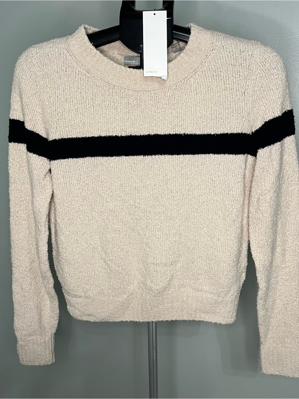 Vince Cream Crew Sweater with Black Chest Stripe NWT